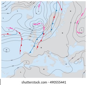 Imaginary Weather Map Europe Showing Isobars And Weather Fronts