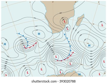 imaginary weather map showing isobars and weather fronts