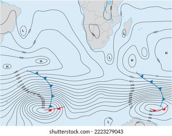 Imaginary weather map of southern Africa, Brazil and Antarctica