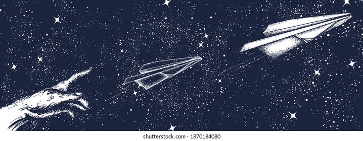 Imagination art. Paper plane and night sky. Symbol of dream, creativity, startup. Black and white surreal graphic 