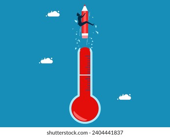 Imagination beyond limits. Businessman riding pencil flies through broken mercury thermometer 
