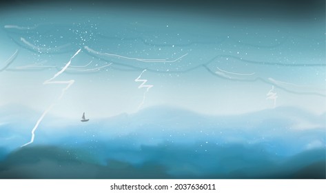 Imagination Brush art paint of thunderstorm , there has a lonely sailboat in the sea, meanwhile the storm is coming