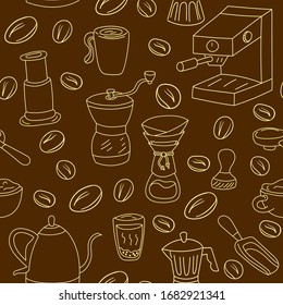 Patrón de Utensilios de café de imaginación, Cafetería de Doodles, Vector de patrón sin inconvenientes Ilustración EPS 10.
