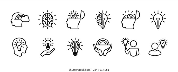 Conjunto de iconos de cognición de imaginación. Contiene cabeza de cerebro, bombilla, mente abierta, creatividad, pensamiento, inteligencia, innovación, idea, inspiración, genio, creación, inteligente, solución. Ilustración vectorial