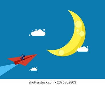 Imagination concept beyond reality. man flies paper airplane to the moon 