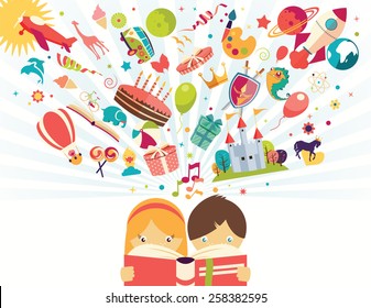 Imagination Concept, Boy And Girl Reading A Book Objects Flying Out, Vector Illustration