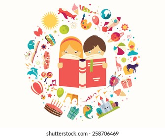 Imagination concept, boy and girl reading a book objects flying out, vector illustration