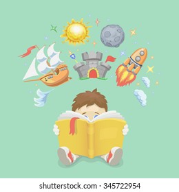 Imagination concept, boy  reading a book,  rocket flying out, ship,  castle and  planet. vector illustration