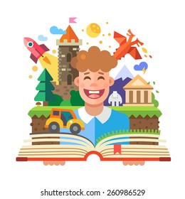 Imagination concept, child with open book. Fairy Tales: characters, castle, dragon, rocket, car, yeti, temple, mountain. Vector flat illustration