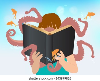 Imagination concept children reading story book, Vector illustration template design