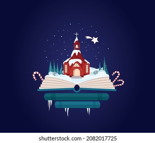 Imagination concept - christmas fairy tail story come out of a book. Book shop christmas. Red church with bethlejem star.
