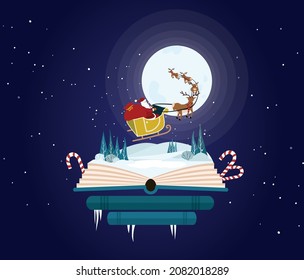 Imagination concept - christmas fairy tail story come out of a book. Book shop christmas.Santa in golden sleight on the navy night sky with big moon.