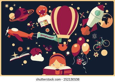 Imagination concept - girl reading a book with air balloon, rocket and airplane flying out, night sky, vector illustration