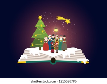 Imagination concept-  group of carolers singing  outdoor next to christmas tree. Fairy tale story comming out of a book.