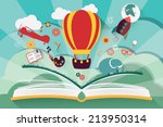 Imagination concept - open book with air balloon, rocket and airplane flying out