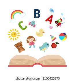 Imagination concept. Open book with children's icons flying out
