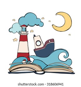 Imagination concept - open book with moon and stars, cloud, boat, wave, lighthouse. vector illustration