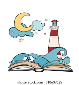 Imagination concept - open book with moon and stars, cloud, wave, lighthouse. vector illustration