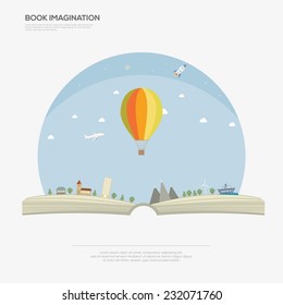 Imagination concept  open book  Vector illustration