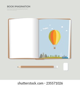 Imagination concept - open book. Vector illustration