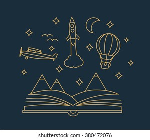 Imagination concept with opened book, landscape, flying rocket, aircraft, hot air balloon, in linear style, vector illustration