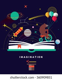 Imagination concept with opened book and planets, stars, space, magic hat, slapstick, bear on bike with balloons. Fairy, magical adventure book for kids.