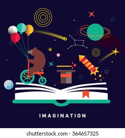 Imagination concept with opened book and planets, stars, space, magic hat, slapstick, bear on bike with balloons. Fairy, magical adventure book for kids.