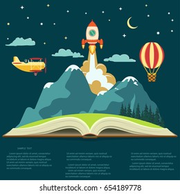 Imagination concept, Reading opened book, mountain, flying rocket, air balloon and airplane. Vector