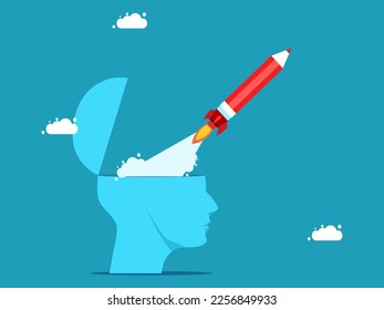 Imagination or content writing creates new ideas. A pencil rocket leaves the head opening