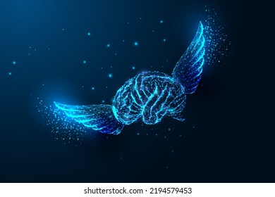 Imagination, creative idea concept with flying brain and wings in futuristic glowing style on blue