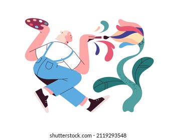 Imagination and creativity concept. Creative artist drawing with inspiration. Painter creating visual art in fantasy. Inspired creator painting. Flat vector illustration isolated on white background