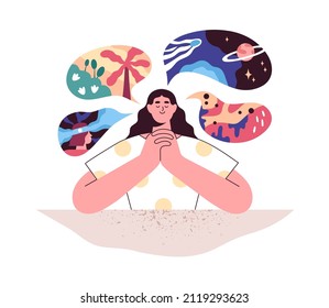 Imagination and creativity concept. Creative person imagining travel and future ideas. Happy woman dreaming and making wish. Mind of dreamer. Flat vector illustration isolated on white background
