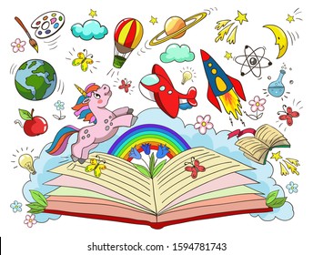 Imagination, creativity, new idea concept - open book with rocket, unicorn, earth, air balloon, jupiter, moon, stars. Vector illustration for school, kindergarten.