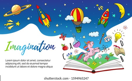 Imagination, creativity, new idea concept - open book with rocket, unicorn, earth, air balloon, jupiter, moon, stars. Vector illustration for school, kindergarten.