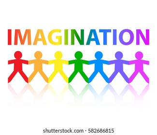 Imagination cut out paper people chain in rainbow colors
