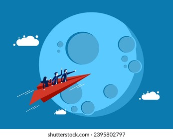 Imagination and dream concepts. team of businessmen flies a paper plane to the moon
