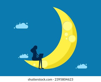 Imagination, dream job. Businesswoman working with laptop concentrating on the moon