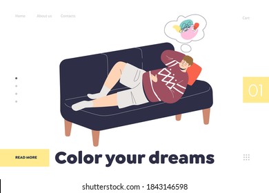 Imagination and dreaming landing page concept with man lying on sofa and imagining. Relaxed cartoon male character daydreaming. Template vector illustration