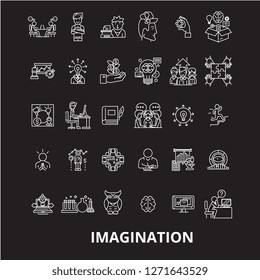 Imagination editable line icons vector set on black background. Imagination white outline illustrations, signs, symbols