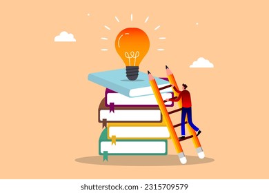  imagination or education to develop skills, Creativity, knowledge to achieve success, inspiration or finding solution concept, young adult man climb up ladder on book stack to find creative lightbulb
