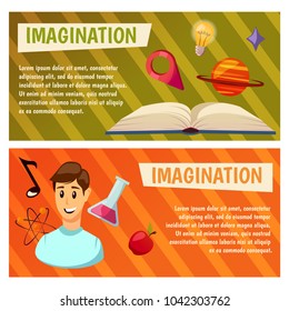 Imagination. Exploration. Study. Play. Learn. Kindergarten. Children. Preschool, school picture. Vector banner