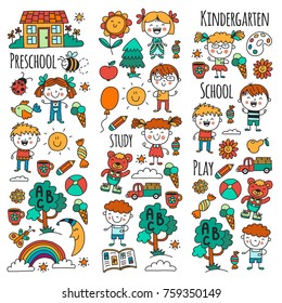 Imagination. Exploration. Study. Play. Learn. Kindergarten. Children. Kids drawing. Doodle icon. Illustration. Moon. House. Boys and girls. Preschool, school picture. Vector patterns