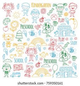 Imagination. Exploration. Study. Play. Learn. Kindergarten. Children. Kids drawing. Doodle icon. Illustration. Moon. House. Boys and girls. Preschool, school picture. Vector patterns