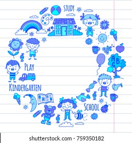 Imagination. Exploration. Study. Play. Learn. Kindergarten. Children. Kids drawing. Doodle icon Illustration Moon House Boys and girls Preschool school picture Vector patterns