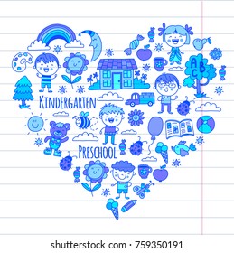 Imagination. Exploration. Study. Play. Learn. Kindergarten. Children. Kids drawing. Doodle icon Illustration Moon House Boys and girls Preschool school picture Vector patterns