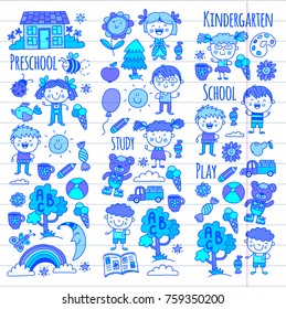 Imagination. Exploration. Study. Play. Learn. Kindergarten. Children. Kids drawing. Doodle icon Illustration Moon House Boys and girls Preschool school picture Vector patterns