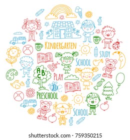 Imagination. Exploration. Study. Play. Learn. Kindergarten. Children. Kids drawing. Doodle icon. Illustration. Moon. House. Boys and girls. Preschool, school picture. Vector patterns