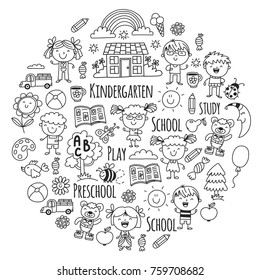 Imagination. Exploration. Study. Play. Learn. Kindergarten. Children. Kids drawing. Doodle icon. Illustration. Moon. House. Boys and girls. Preschool, school picture. Vector pattern
