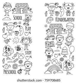 Imagination. Exploration. Study. Play. Learn. Kindergarten. Children. Kids drawing. Doodle icon. Illustration. Moon. House. Boys and girls. Preschool, school picture. Vector pattern