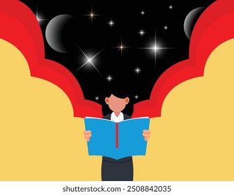 Imaginação fluindo, leitura de homem de negócios. Ilustração para o Dia Mundial do Livro.